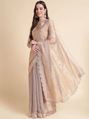 peach embellished beads and stones pure chiffon saree 2