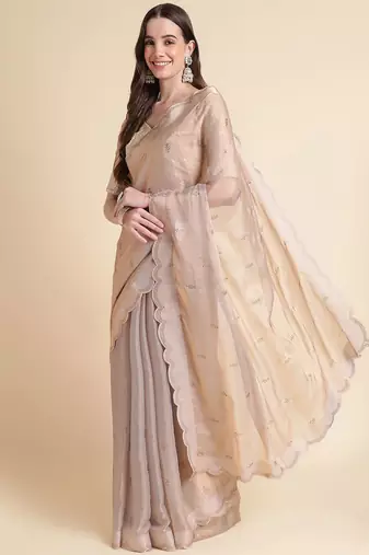 peach embellished beads and stones pure chiffon saree