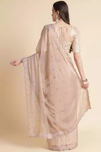 peach embellished beads and stones pure chiffon saree