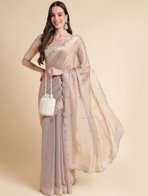 peach embellished beads and stones pure chiffon saree 4