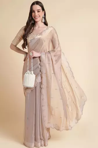 peach embellished beads and stones pure chiffon saree