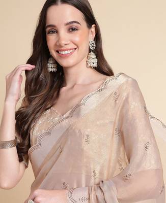 peach embellished beads and stones pure chiffon saree 5