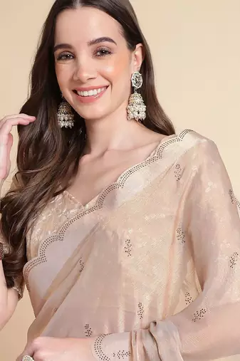 peach embellished beads and stones pure chiffon saree