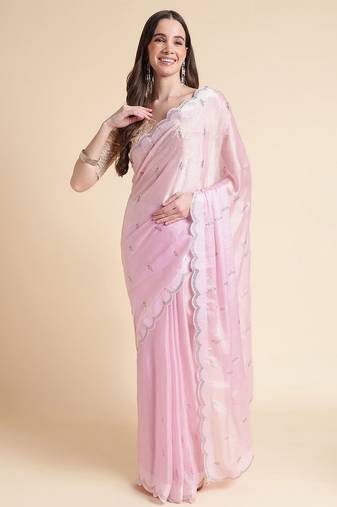 pink embellished beads and stones pure chiffon saree