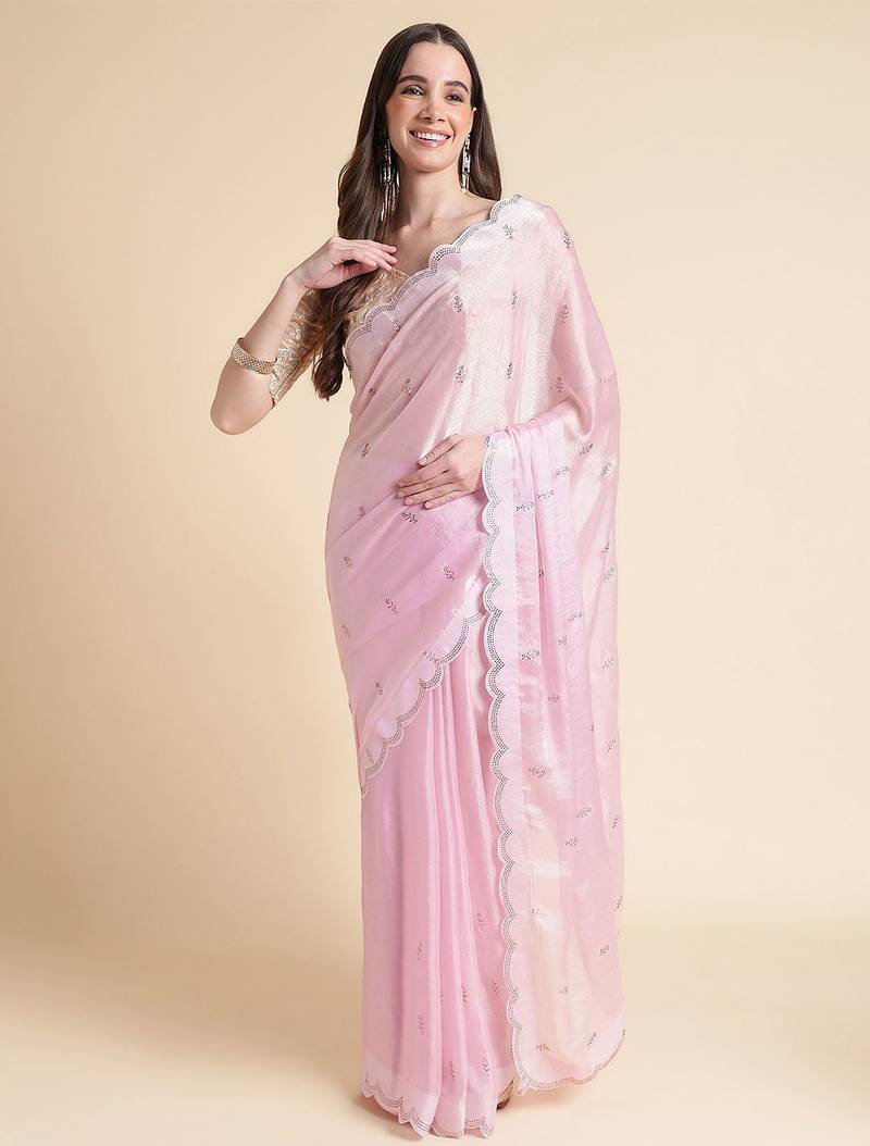 pink embellished beads and stones pure chiffon saree