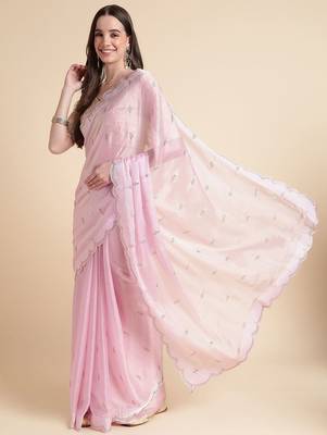 pink embellished beads and stones pure chiffon saree 2