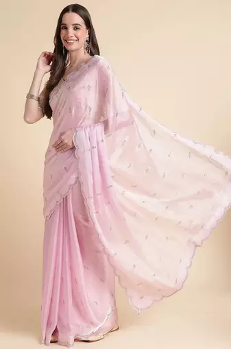 pink embellished beads and stones pure chiffon saree