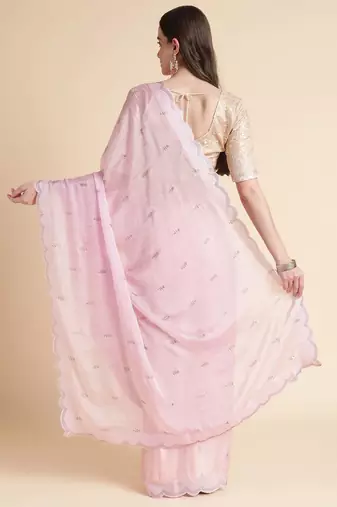pink embellished beads and stones pure chiffon saree