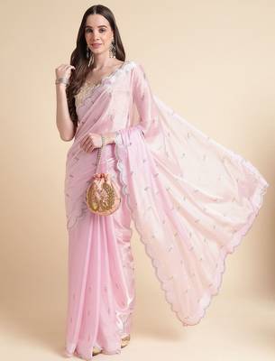 pink embellished beads and stones pure chiffon saree 4