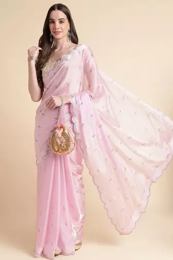 pink embellished beads and stones pure chiffon saree