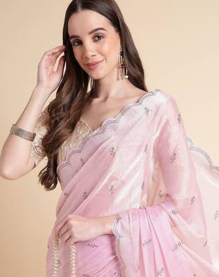 pink embellished beads and stones pure chiffon saree 5