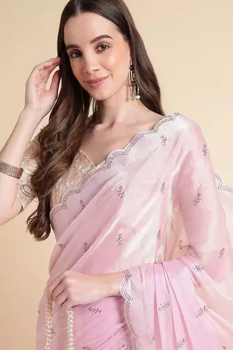 pink embellished beads and stones pure chiffon saree