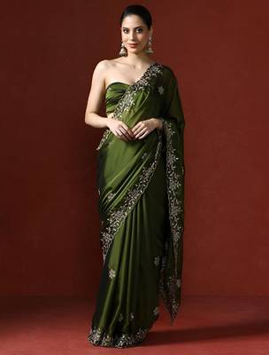 Olive floral embroidered sequinned saree 1