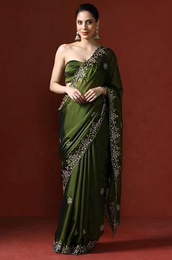 Olive floral embroidered sequinned saree