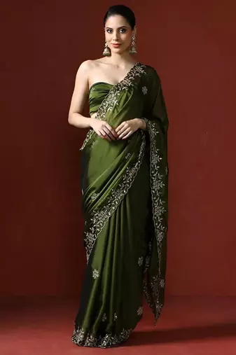 Olive floral embroidered sequinned saree