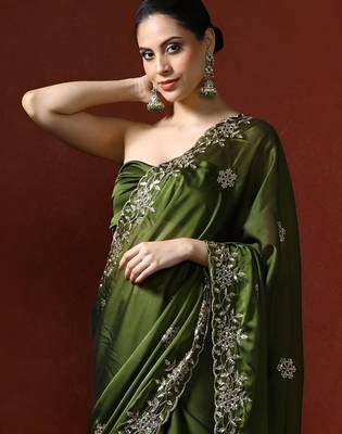 Olive floral embroidered sequinned saree 2