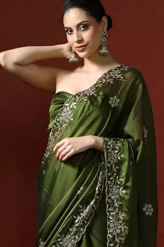 Olive floral embroidered sequinned saree