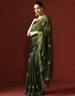Olive floral embroidered sequinned saree 3