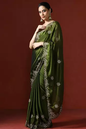Olive floral embroidered sequinned saree