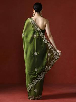 Olive floral embroidered sequinned saree 4