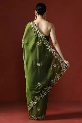Olive floral embroidered sequinned saree