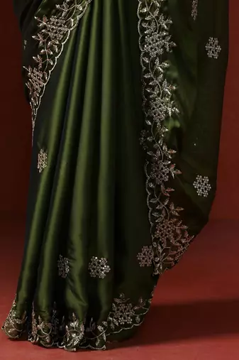 Olive floral embroidered sequinned saree
