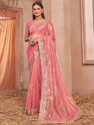 peach embellished embroidered net saree with unstitched blouse piece 1
