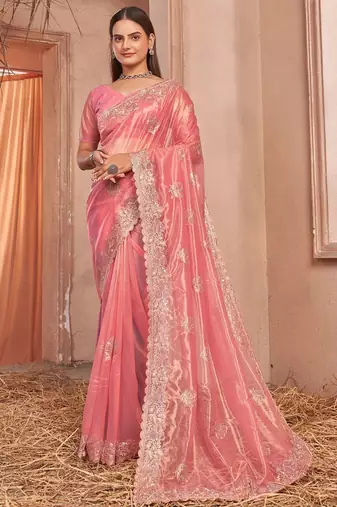peach embellished embroidered net saree with unstitched blouse piece