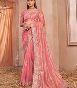 peach embellished embroidered net saree with unstitched blouse piece