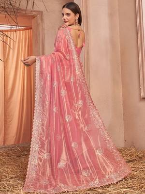 peach embellished embroidered net saree with unstitched blouse piece 2