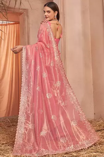 peach embellished embroidered net saree with unstitched blouse piece