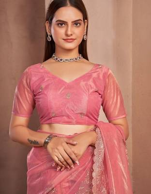 peach embellished embroidered net saree with unstitched blouse piece 3