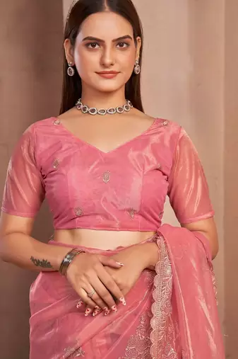 peach embellished embroidered net saree with unstitched blouse piece