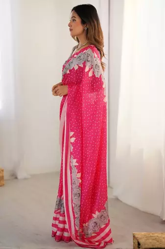 Pink tie and dye mirror work silk blend designer saree