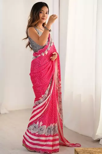 Pink tie and dye mirror work silk blend designer saree