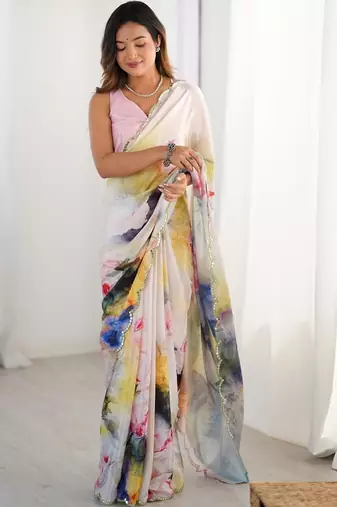 cream kutchi embroidery silk blend saree