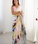 cream kutchi embroidery silk blend saree
