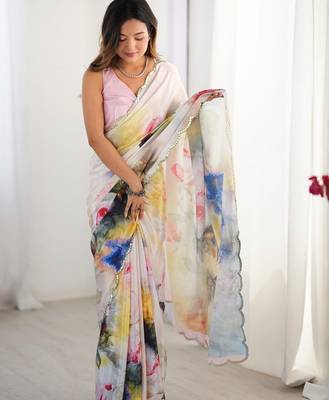 cream kutchi embroidery silk blend saree 5