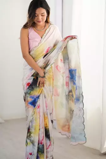 cream kutchi embroidery silk blend saree