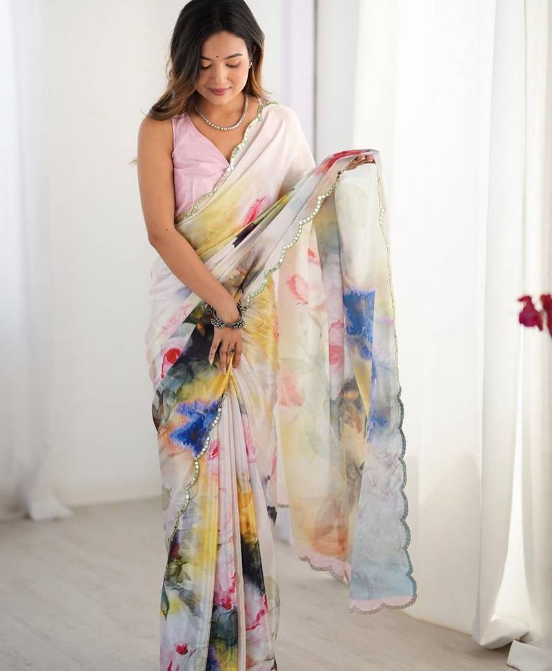 cream kutchi embroidery silk blend saree