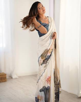 Cream tie and dye mirror work silk blend designer saree 2