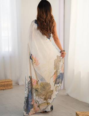 Cream tie and dye mirror work silk blend designer saree 3