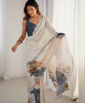 Cream tie and dye mirror work silk blend designer saree 4