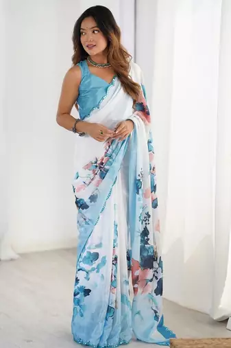White tie and dye mirror work silk blend designer saree