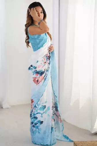 White tie and dye mirror work silk blend designer saree