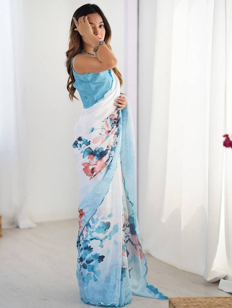 White tie and dye mirror work silk blend designer saree