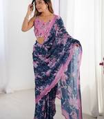 White floral kutchi embroidery silk blend saree