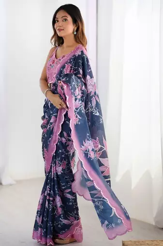 White floral kutchi embroidery silk blend saree