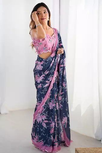 White floral kutchi embroidery silk blend saree