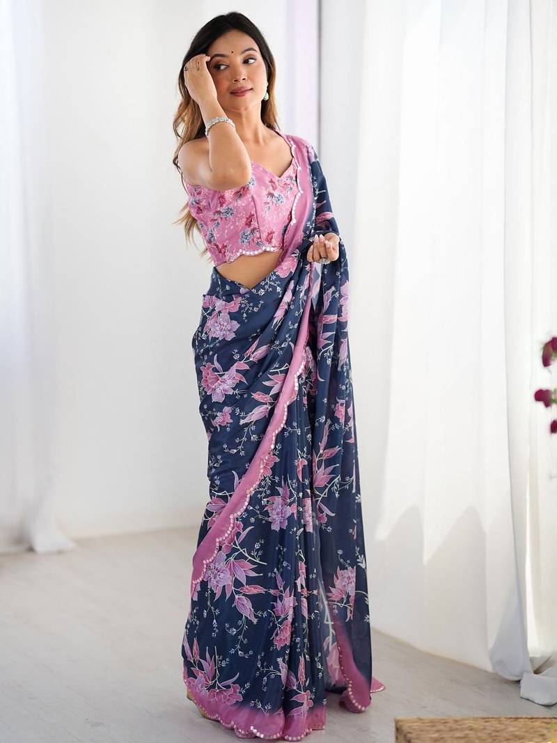 White floral kutchi embroidery silk blend saree